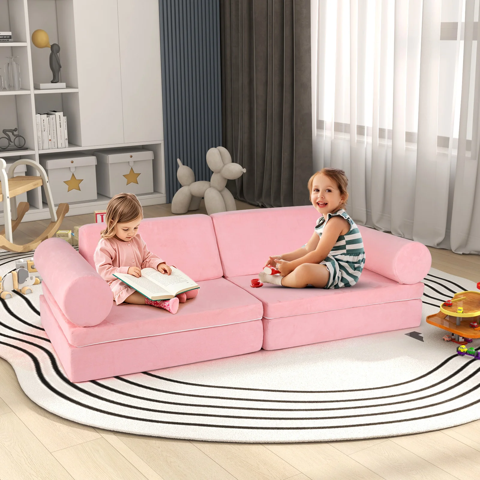 Kids Play Couch Foam Building Fort Set, 8 Pieces, Pink - Image 3
