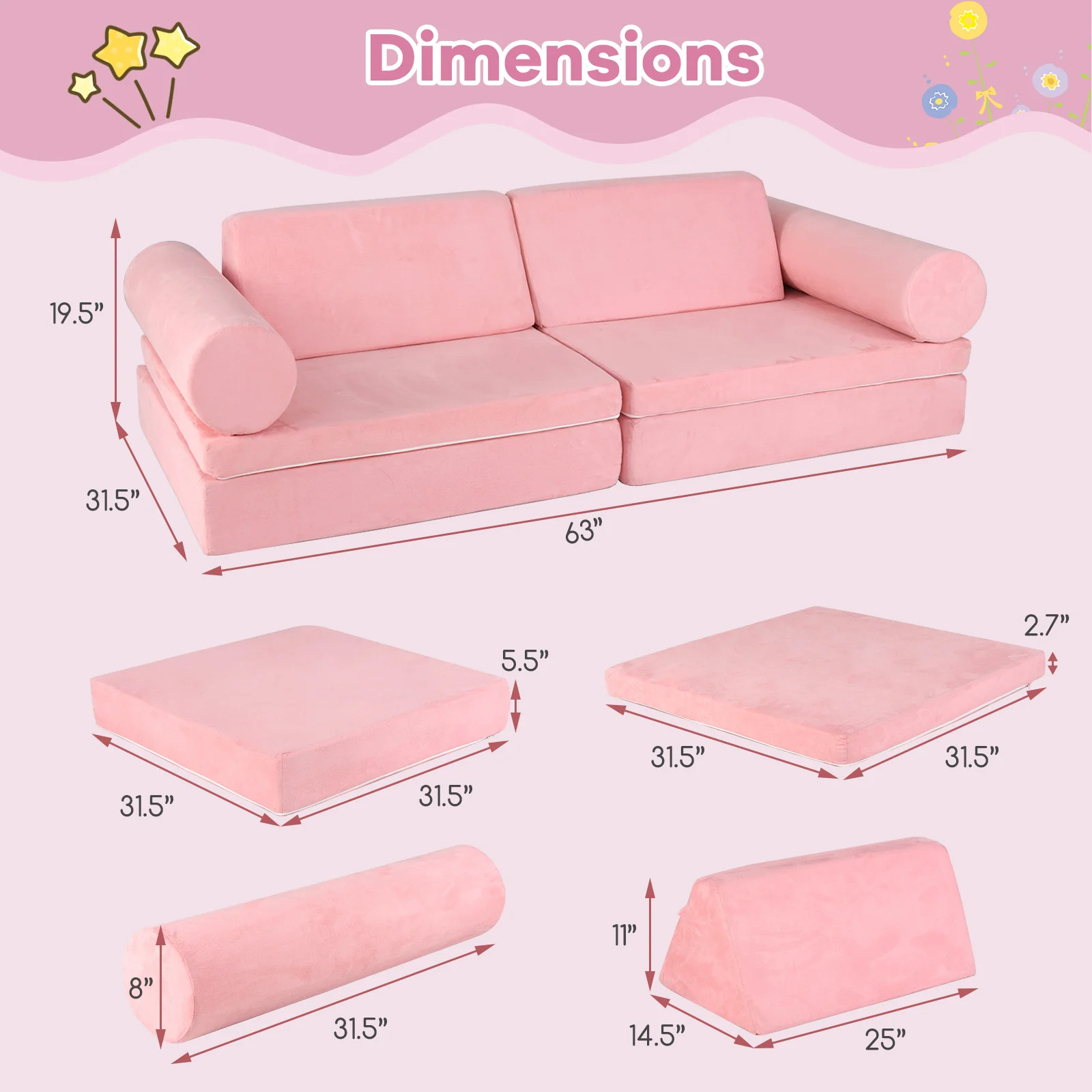 Kids Play Couch Foam Building Fort Set, 8 Pieces, Pink - Image 6