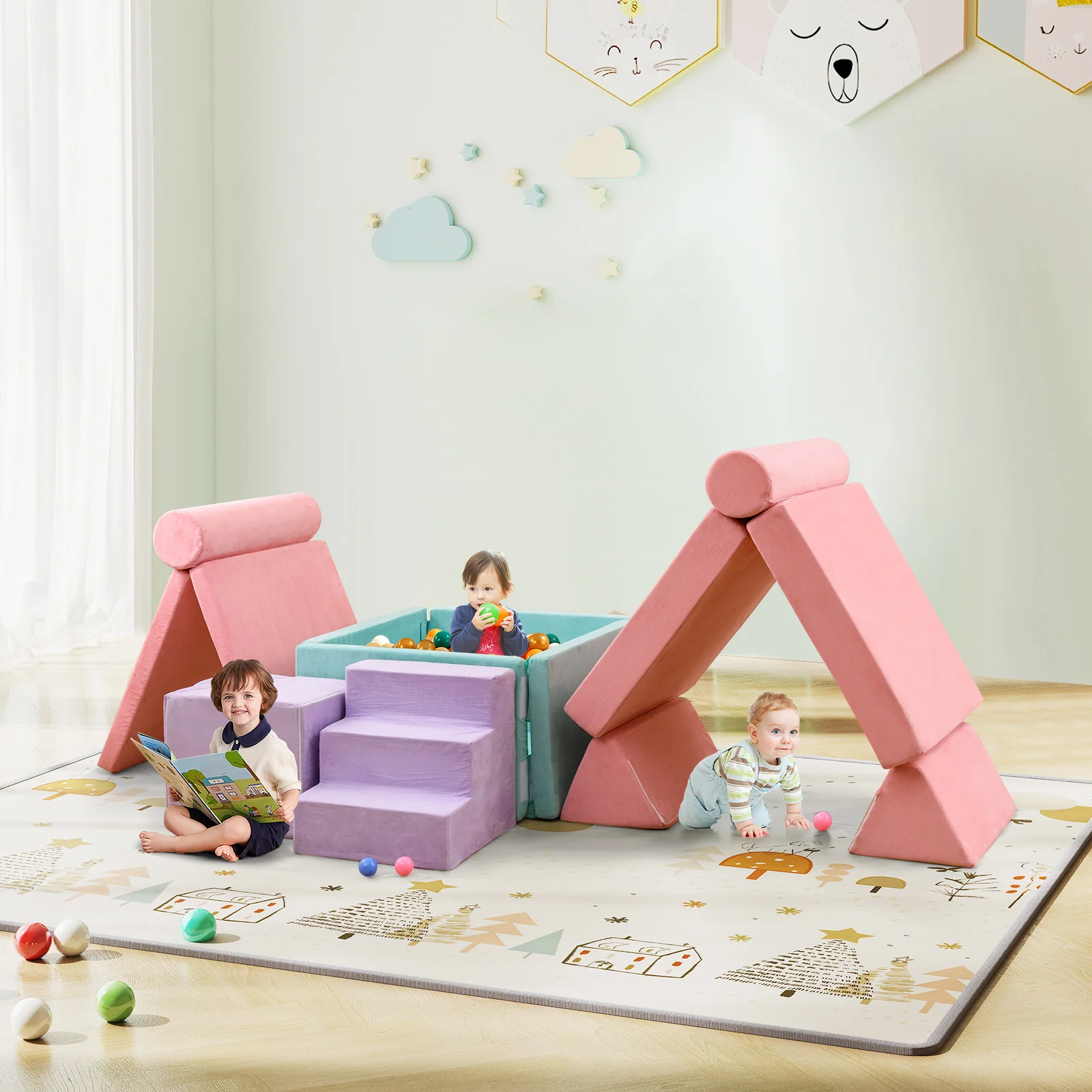 Kids Play Couch Foam Building Fort Set, 8 Pieces, Pink - Image 7