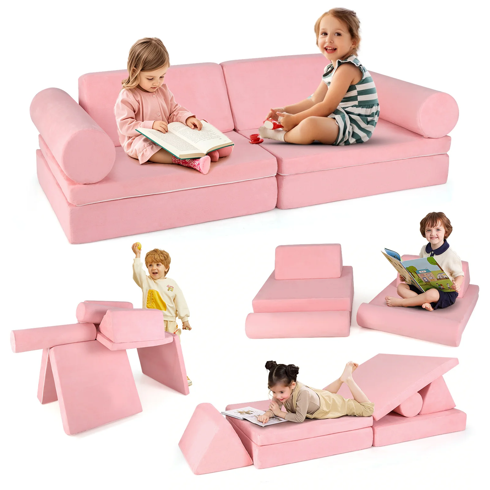 Kids Play Couch Foam Building Fort Set, 8 Pieces, Pink - Image 8