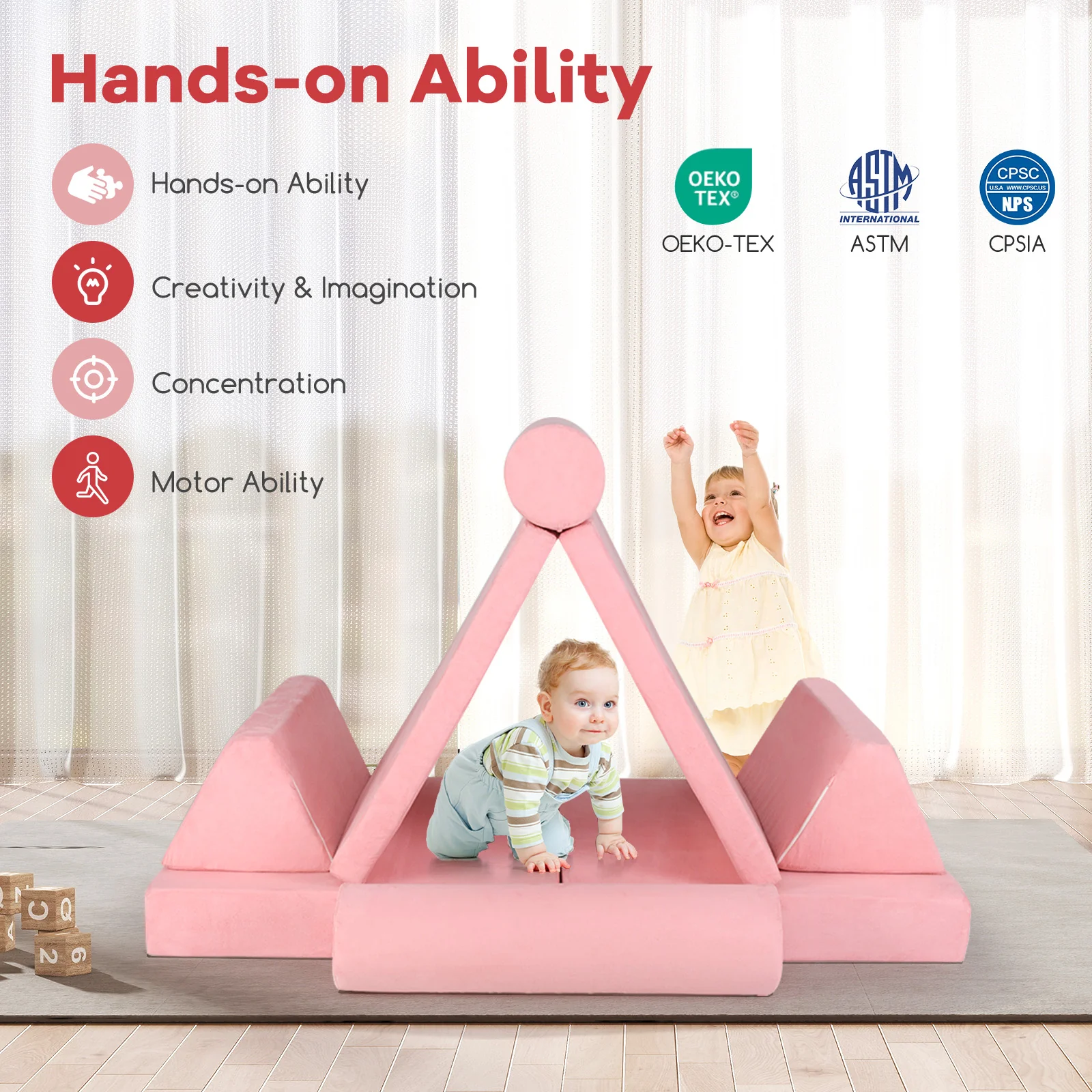 Kids Play Couch Foam Building Fort Set, 8 Pieces, Pink - Image 9