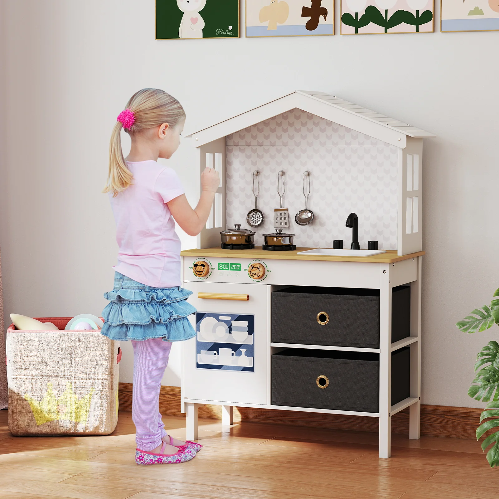 Kids Play Kitchen Playset, 2 Stoves, Rotation Knobs, White - Image 3