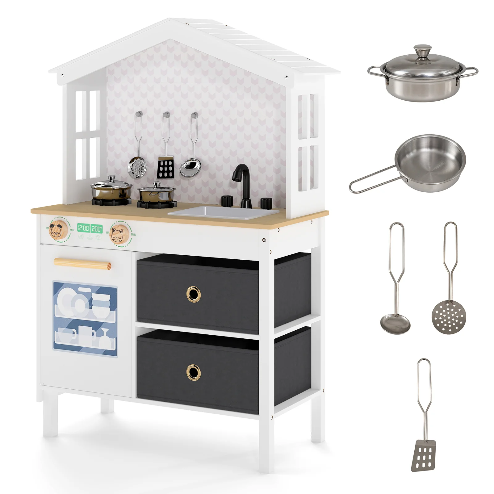 Kids Play Kitchen Playset, 2 Stoves, Rotation Knobs, White - Image 5
