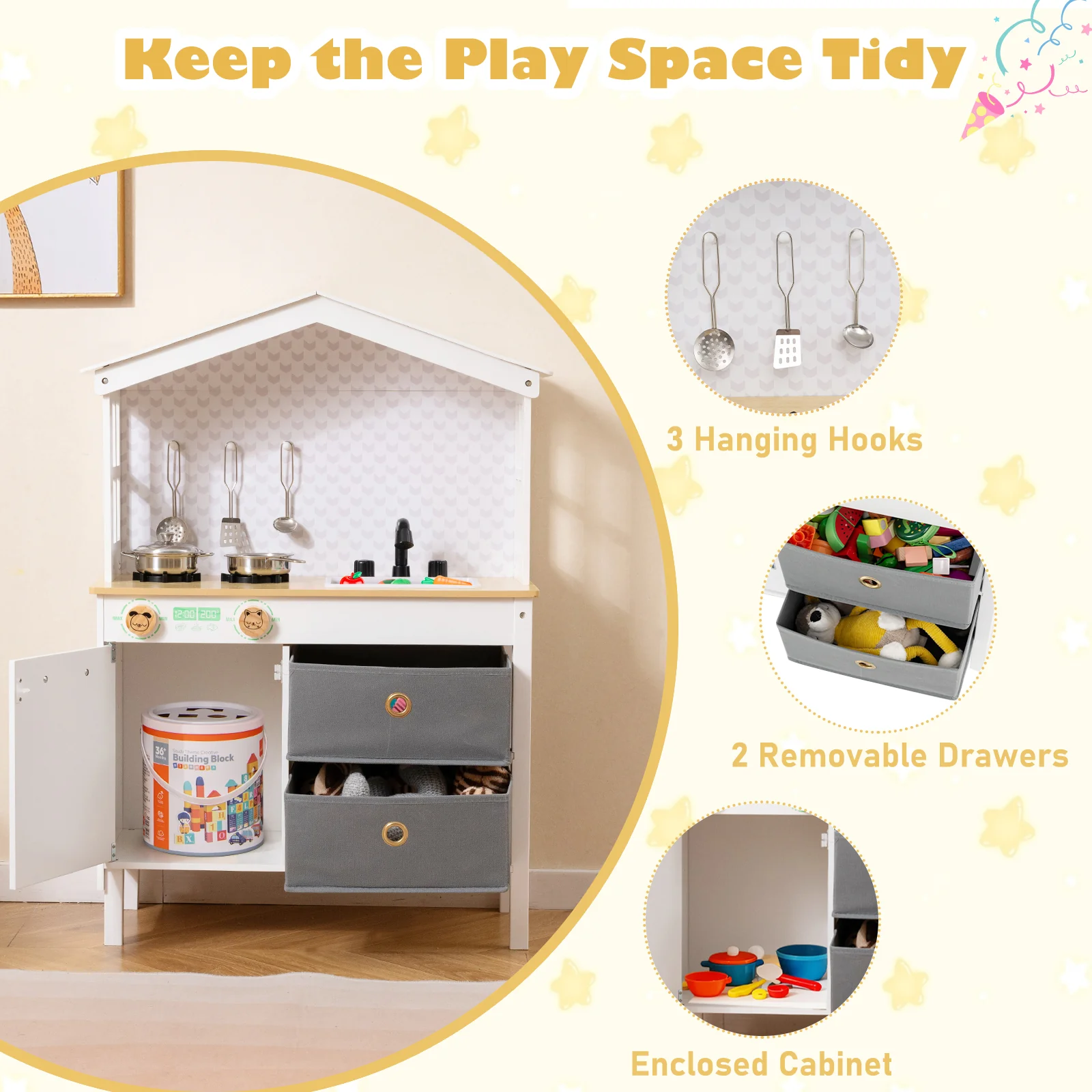 Kids Play Kitchen Playset, 2 Stoves, Rotation Knobs, White - Image 9