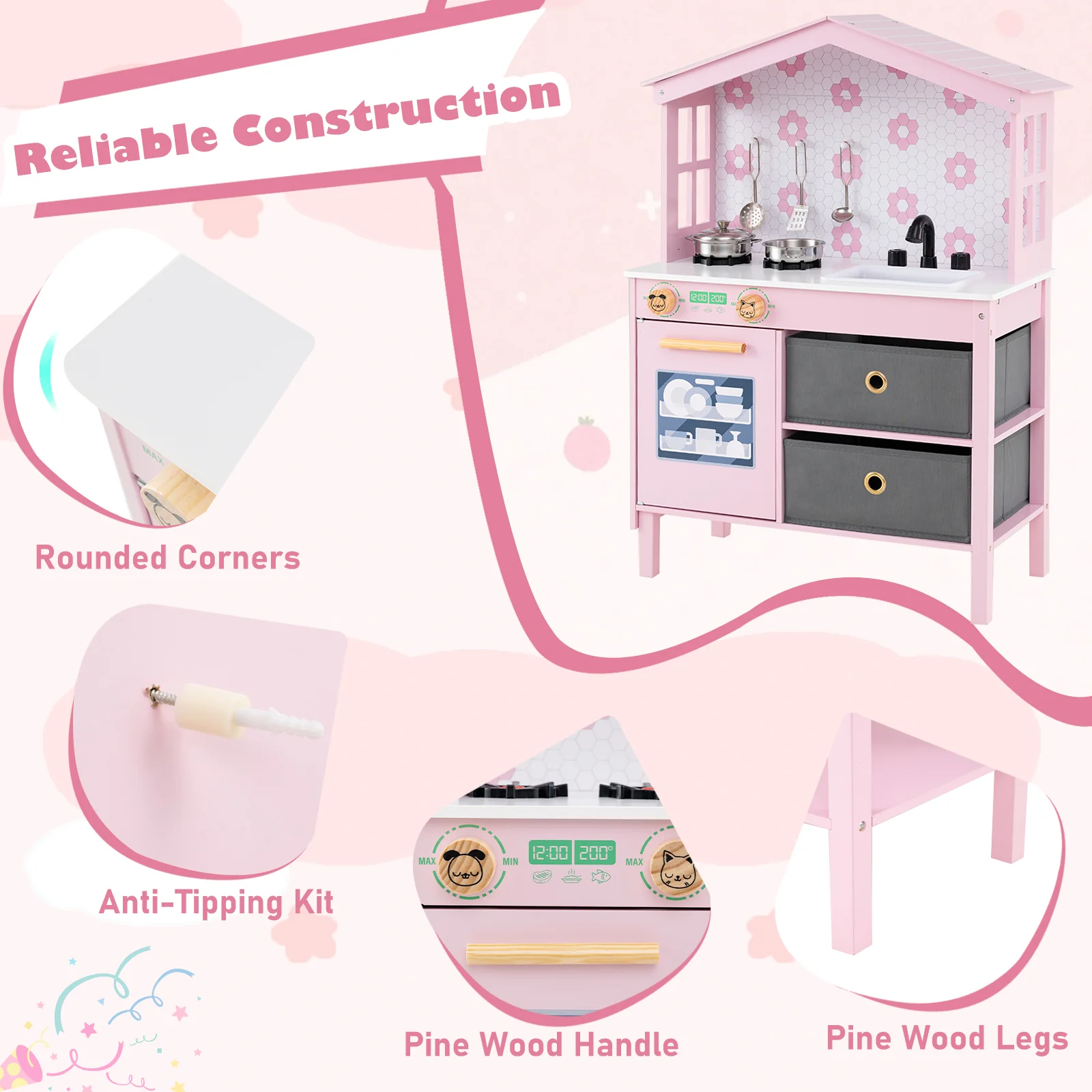 Kids Play Kitchen Toy Playset, 2 Stoves, Rotation Knobs, Pink - Image 10