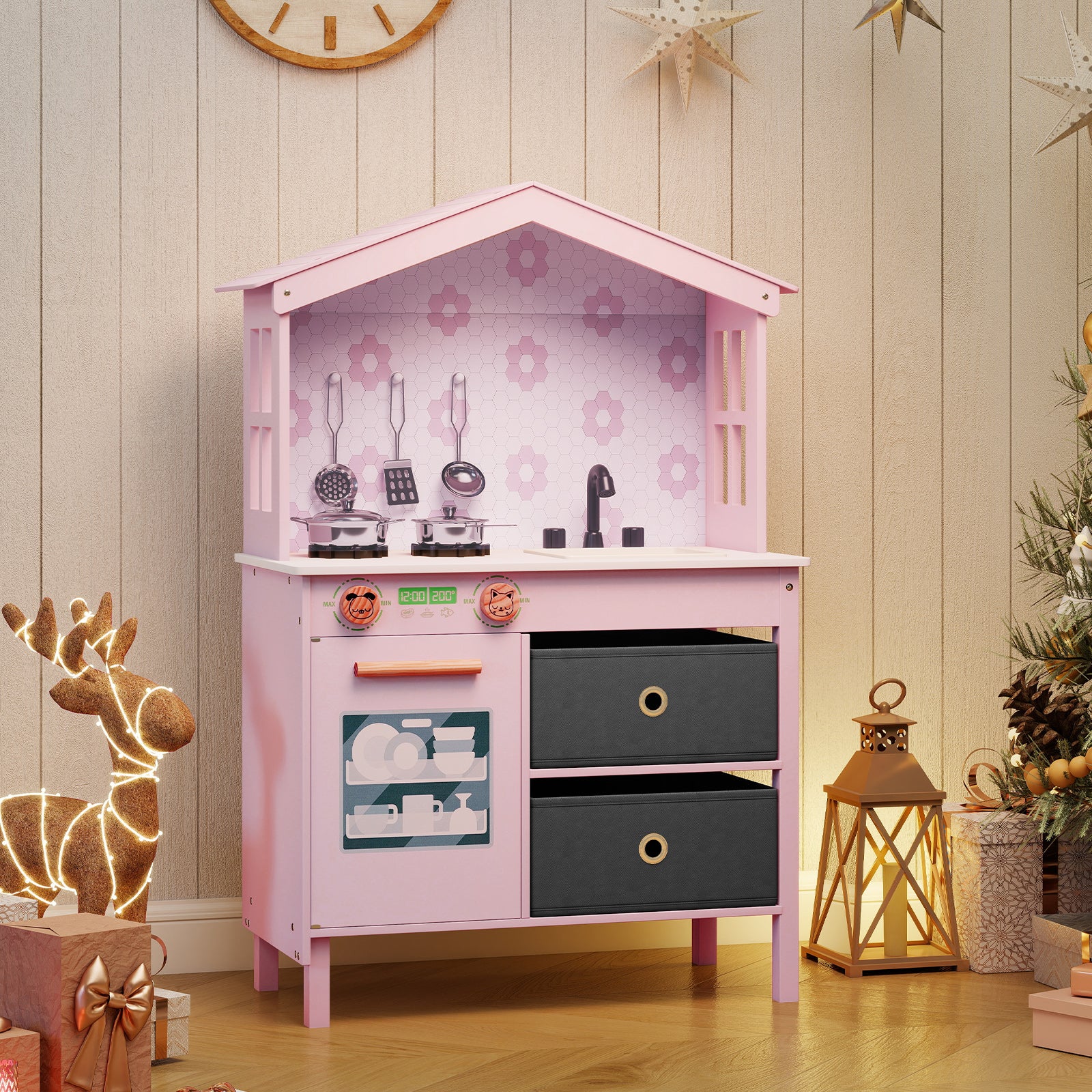 Kids Play Kitchen Toy Playset, 2 Stoves, Rotation Knobs, Pink - Image 2