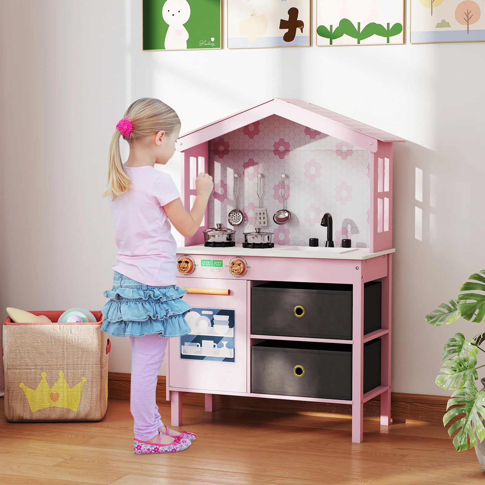 Kids Play Kitchen Toy Playset, 2 Stoves, Rotation Knobs, Pink - Image 3