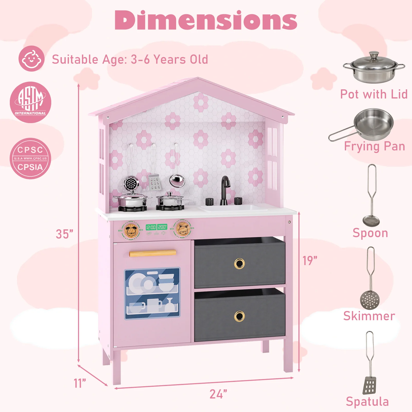 Kids Play Kitchen Toy Playset, 2 Stoves, Rotation Knobs, Pink - Image 6