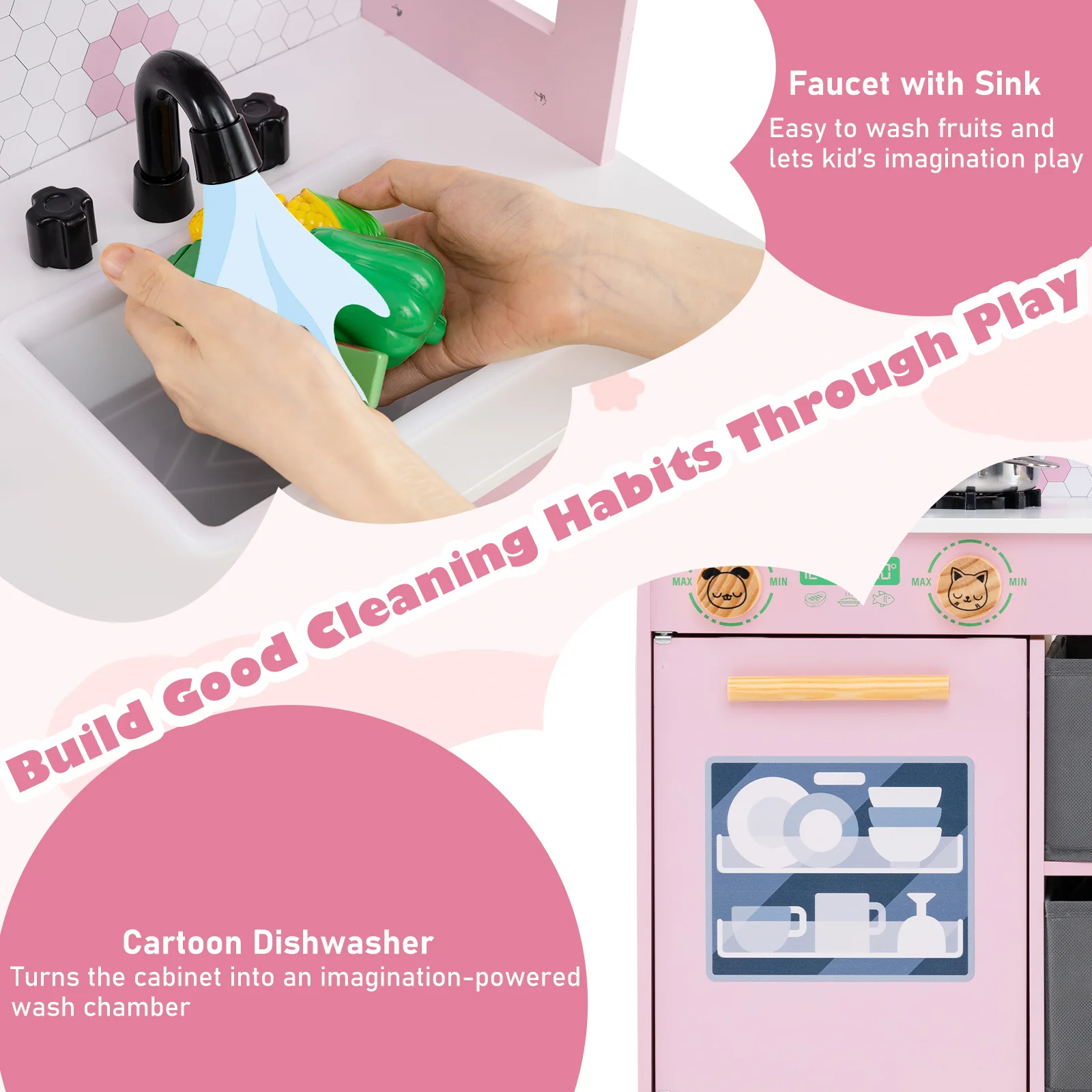 Kids Play Kitchen Toy Playset, 2 Stoves, Rotation Knobs, Pink - Image 8