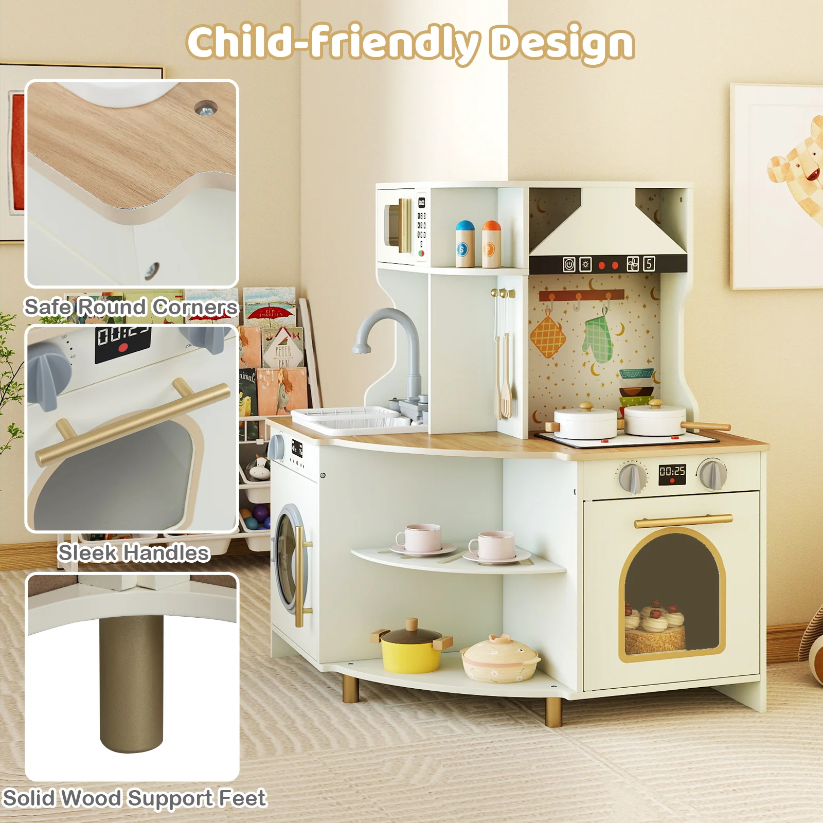 Kids Play Kitchen Wooden Corner Kitchen Playset with Working Faucet and Sink, Beige - Image 10