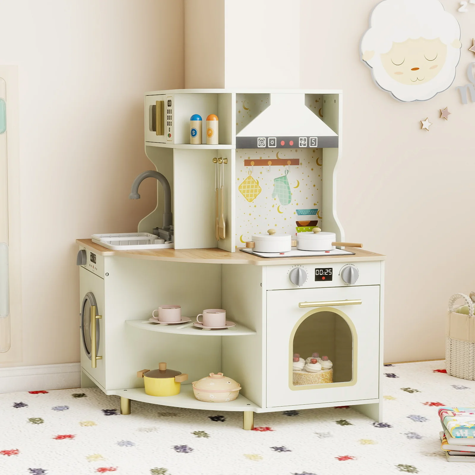 Kids Play Kitchen Wooden Corner Kitchen Playset with Working Faucet and Sink, Beige - Image 2