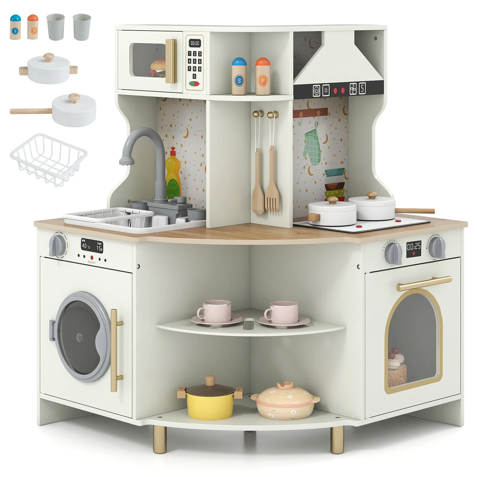 Kids Play Kitchen Wooden Corner Kitchen Playset with Working Faucet and Sink, Beige - Image 3