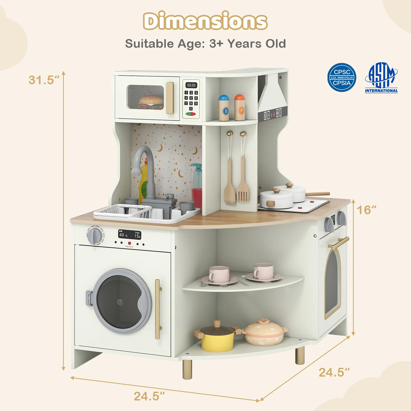 Kids Play Kitchen Wooden Corner Kitchen Playset with Working Faucet and Sink, Beige - Image 4