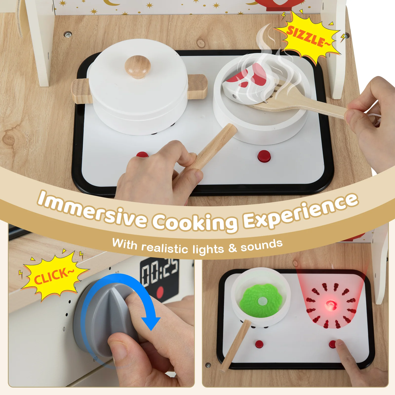 Kids Play Kitchen Wooden Corner Kitchen Playset with Working Faucet and Sink, Beige - Image 6