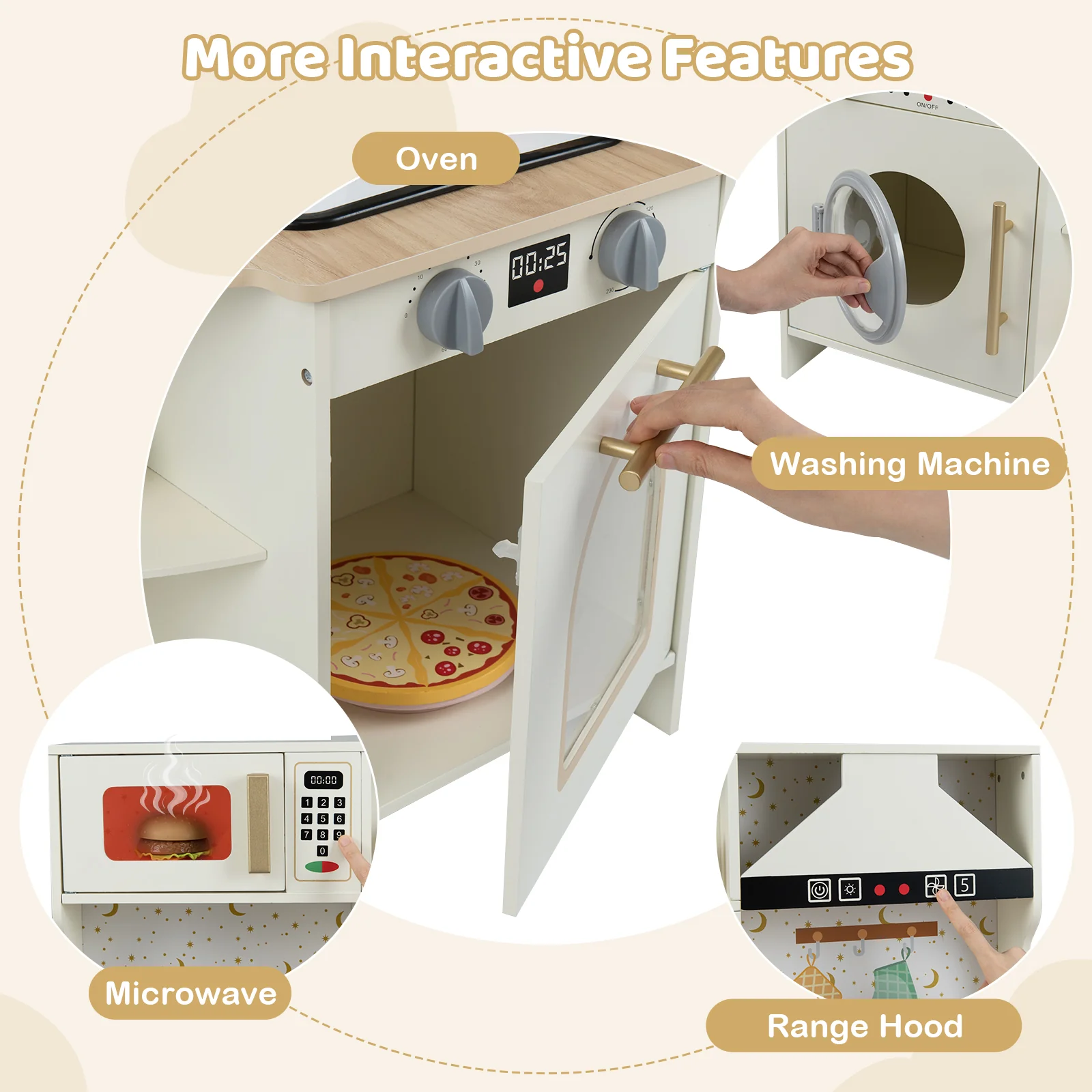 Kids Play Kitchen Wooden Corner Kitchen Playset with Working Faucet and Sink, Beige - Image 7
