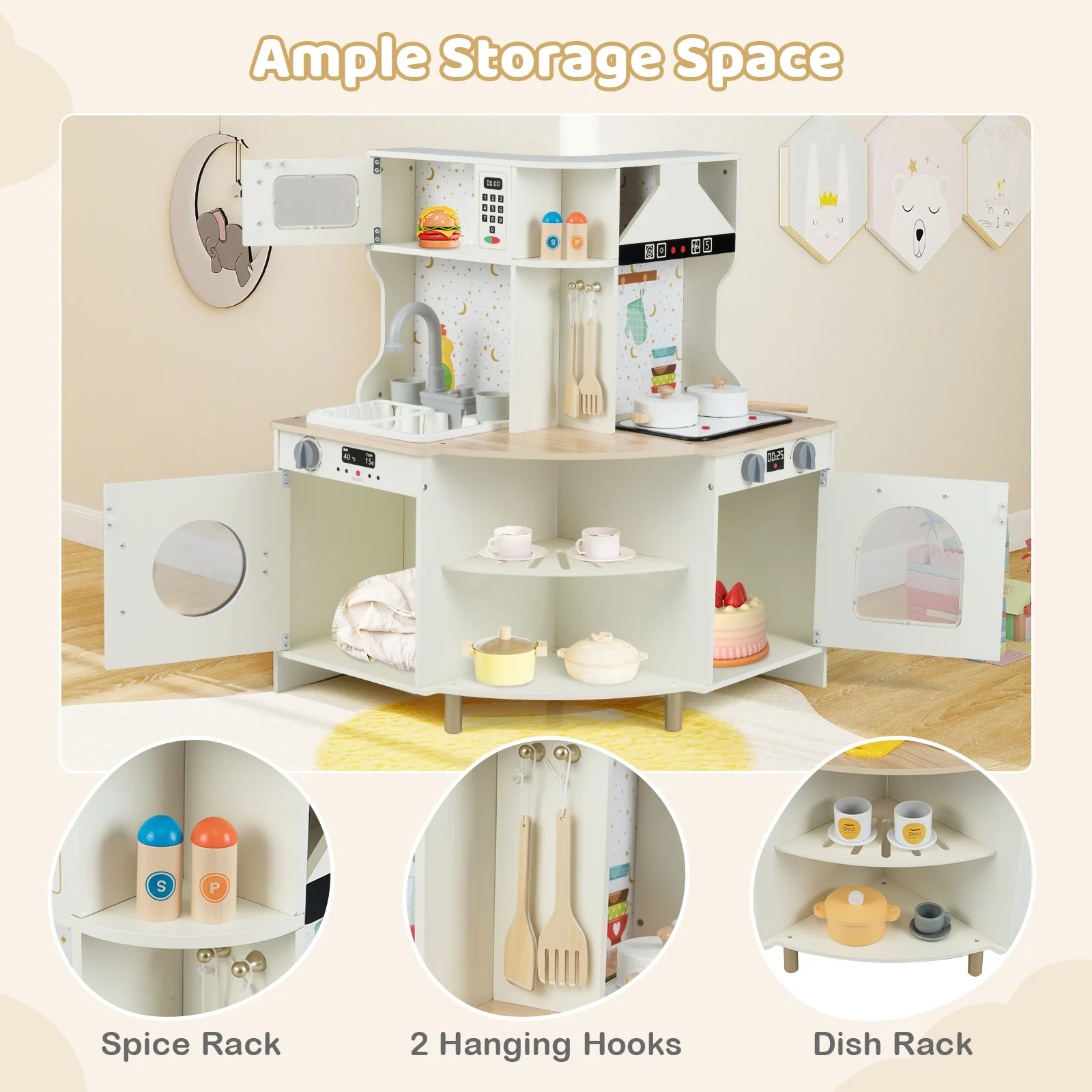Kids Play Kitchen Wooden Corner Kitchen Playset with Working Faucet and Sink, Beige - Image 8