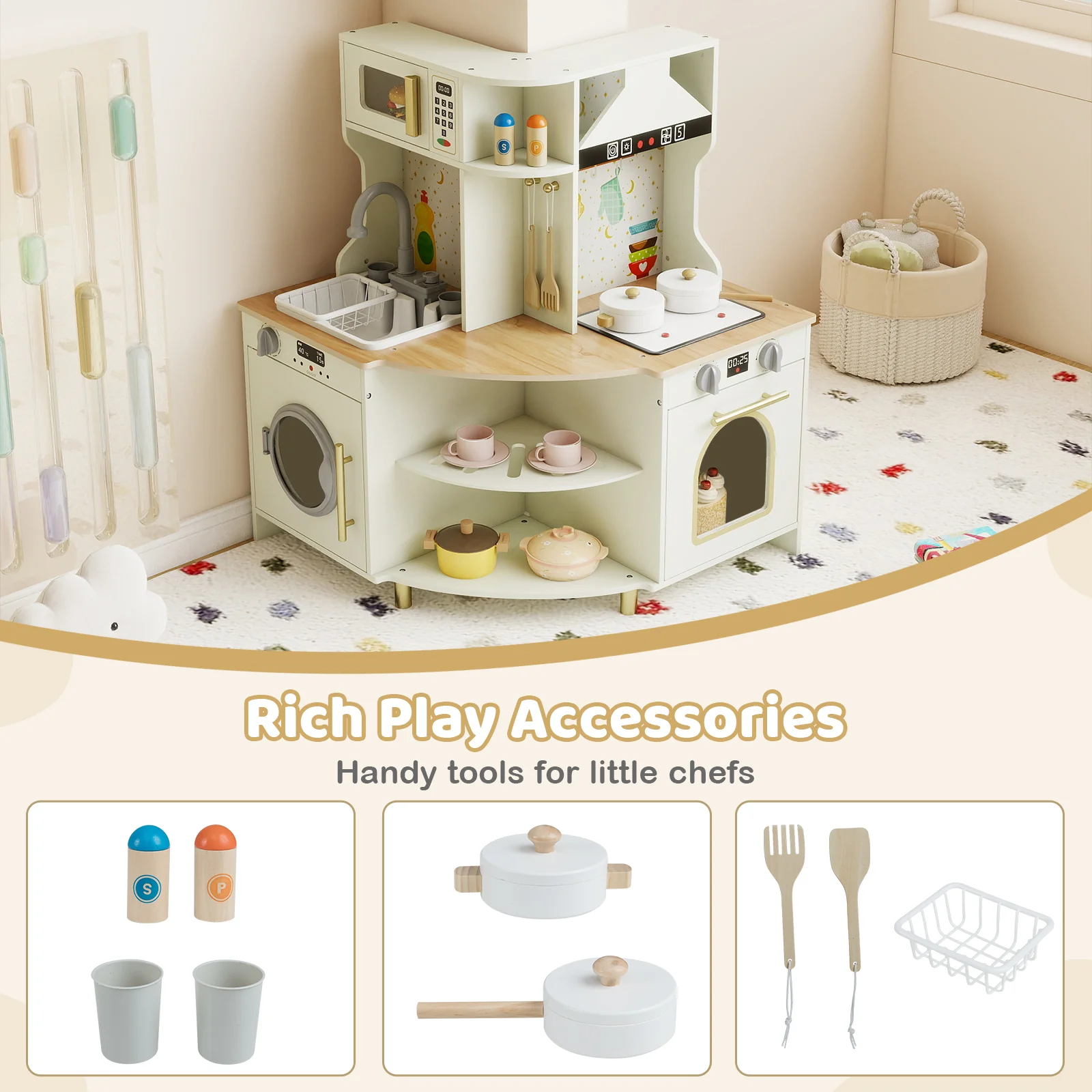 Kids Play Kitchen Wooden Corner Kitchen Playset with Working Faucet and Sink, Beige - Image 9