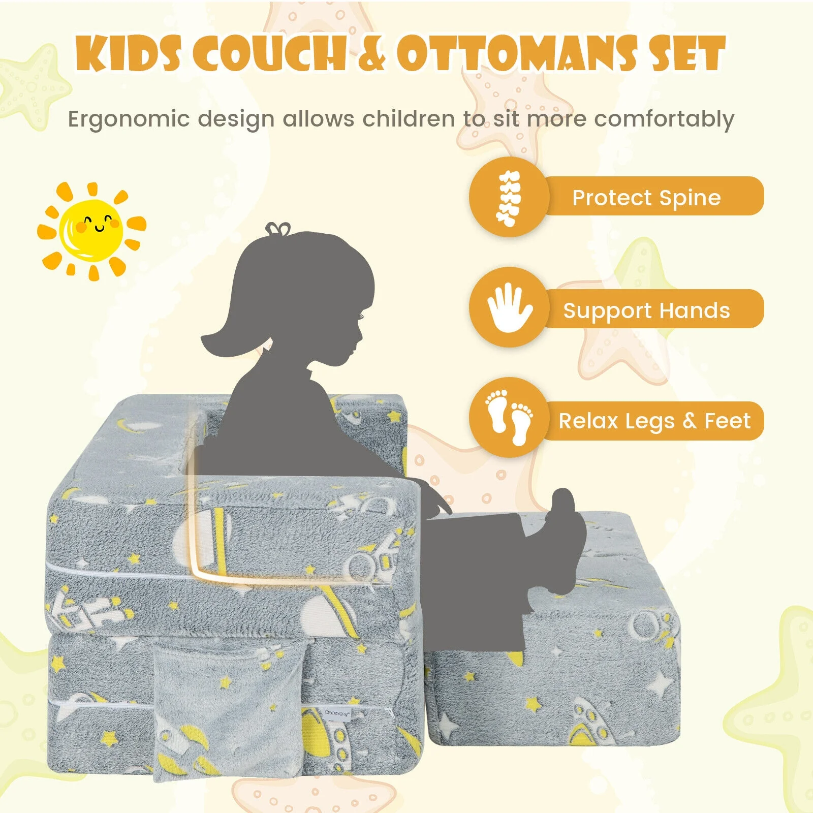 Kids Play Sofa With Ottoman, Removable Cover, Gray - Image 10