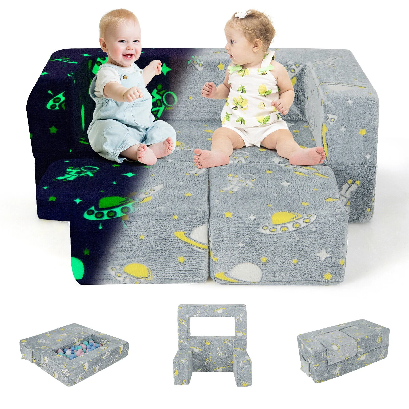 Kids Play Sofa With Ottoman, Removable Cover, Gray - Image 5