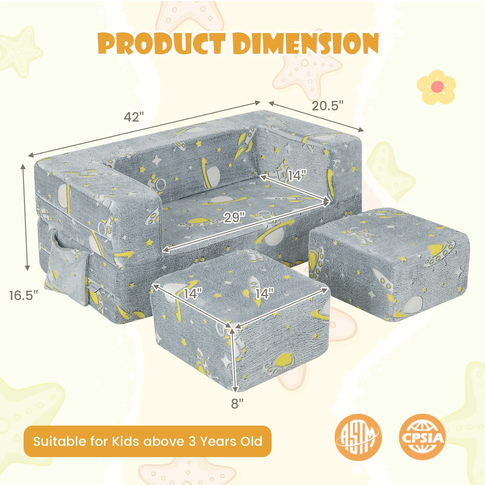 Kids Play Sofa With Ottoman, Removable Cover, Gray - Image 6