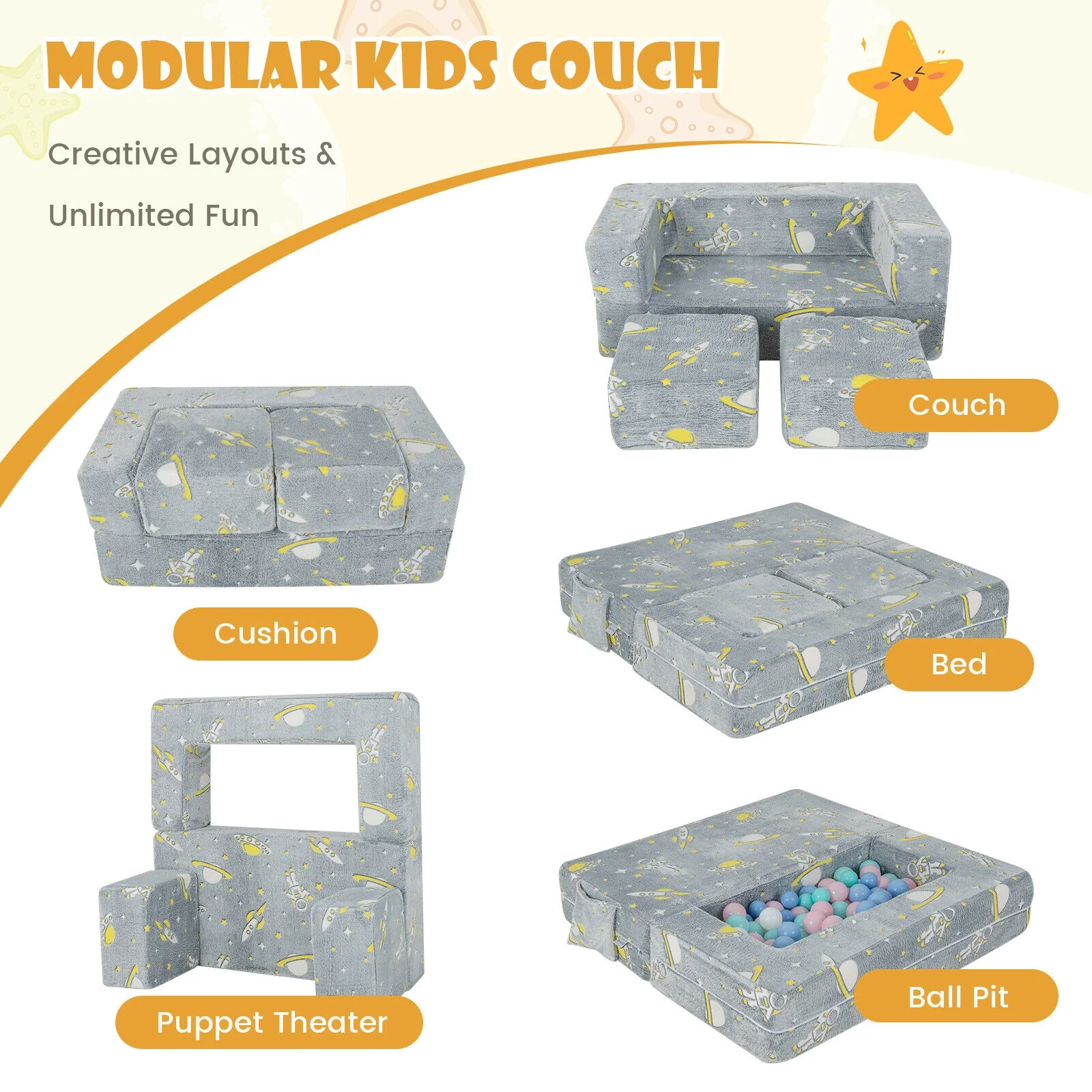 Kids Play Sofa With Ottoman, Removable Cover, Gray - Image 7