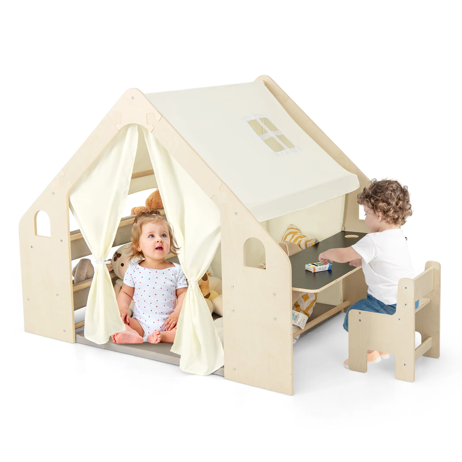 Kids Play Tent, 6-in-1, With Blackboard, Storage Bins, Floor Cushion, Beige - Image 5