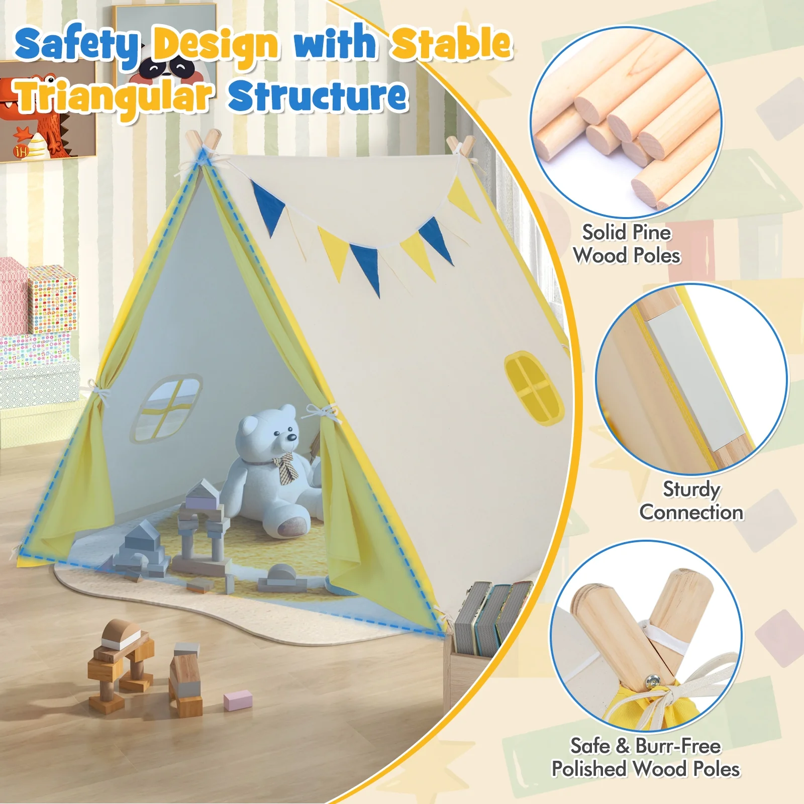 Kids Play Tent, Solid Wood Frame, Yellow - Image 8
