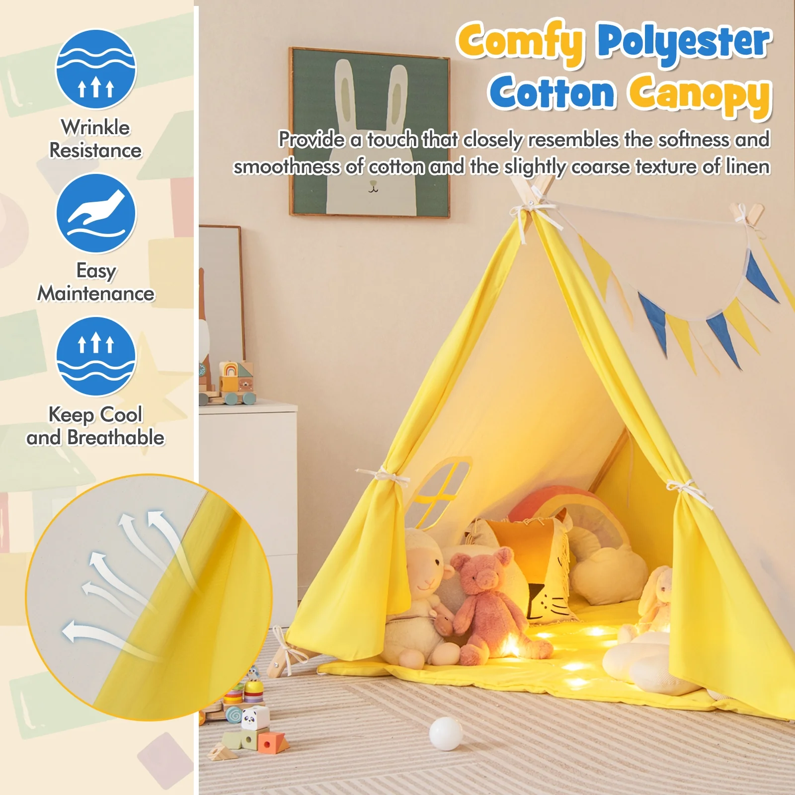 Kids Play Tent, Solid Wood Frame, Yellow - Image 9