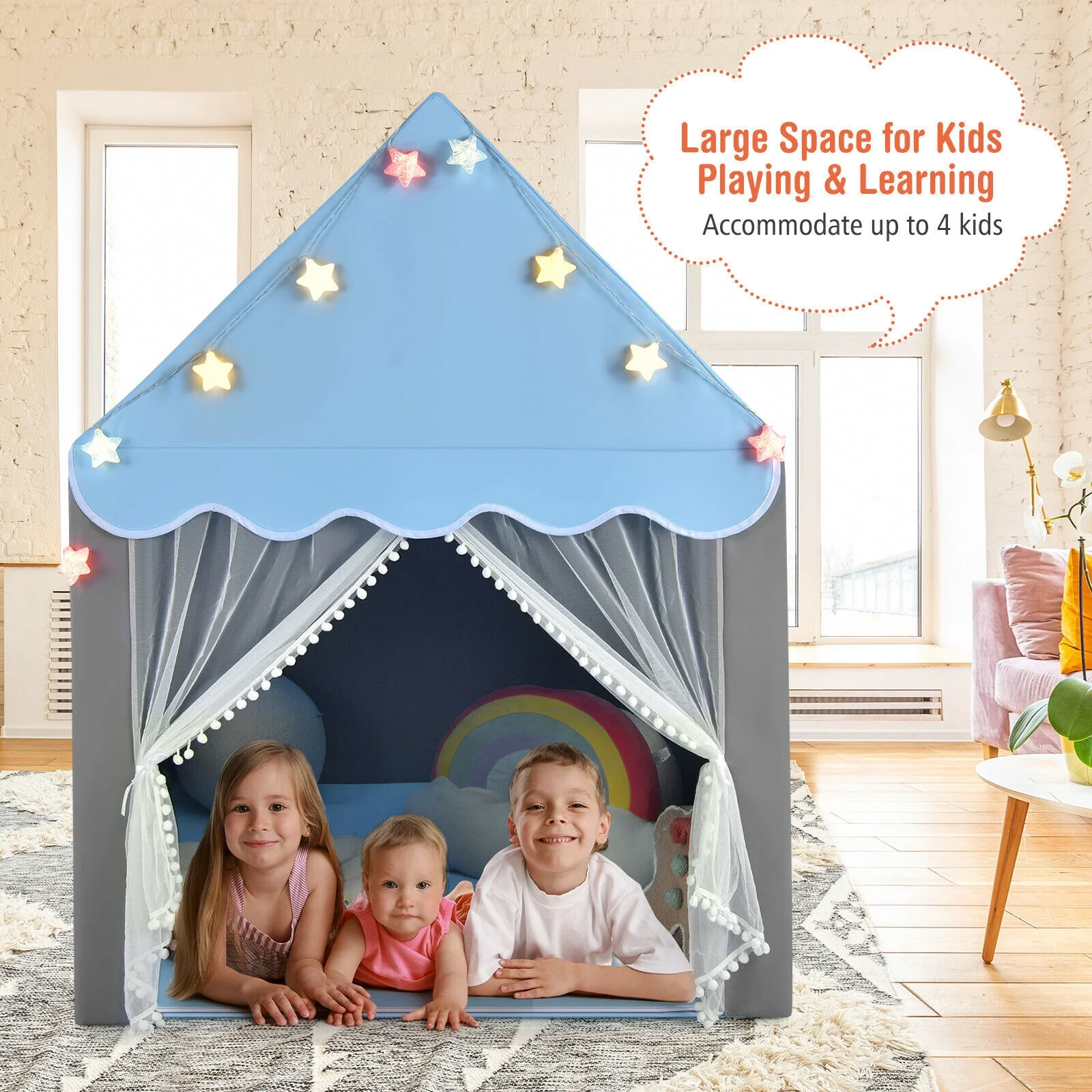 Kids Playhouse Tent With Star Lights, Mat, Blue - Image 10