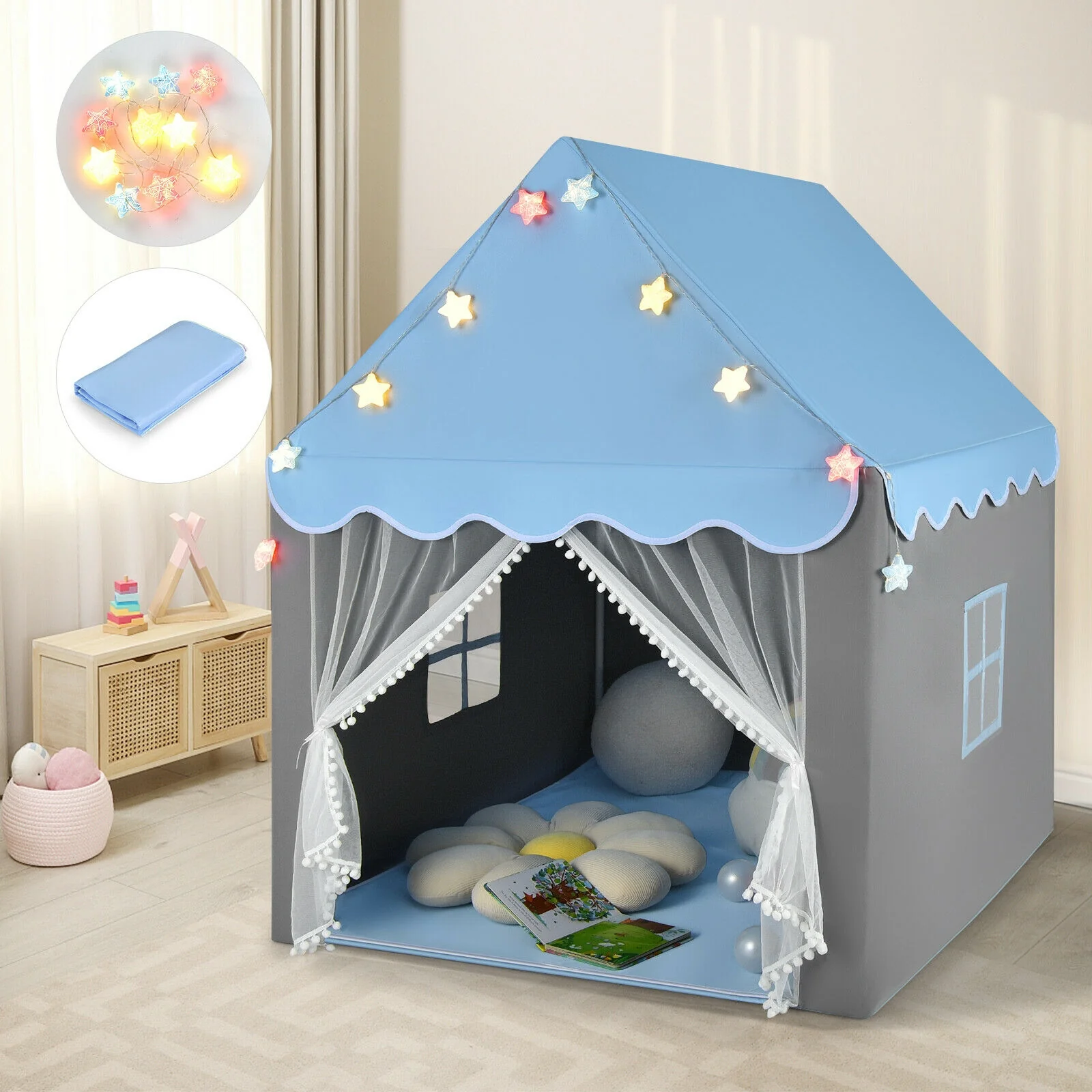 Kids Playhouse Tent With Star Lights, Mat, Blue - Image 2