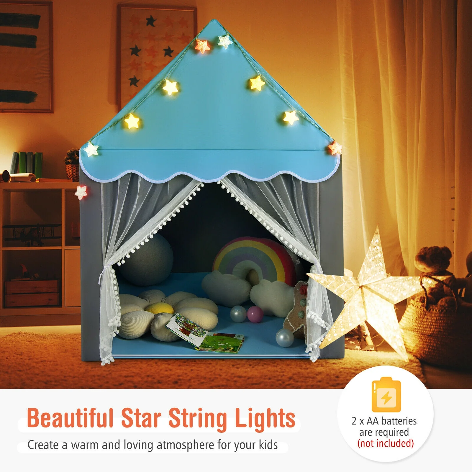 Kids Playhouse Tent With Star Lights, Mat, Blue - Image 3
