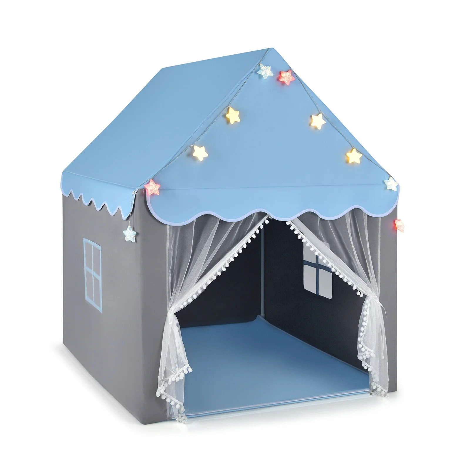 Kids Playhouse Tent With Star Lights, Mat, Blue - Image 4