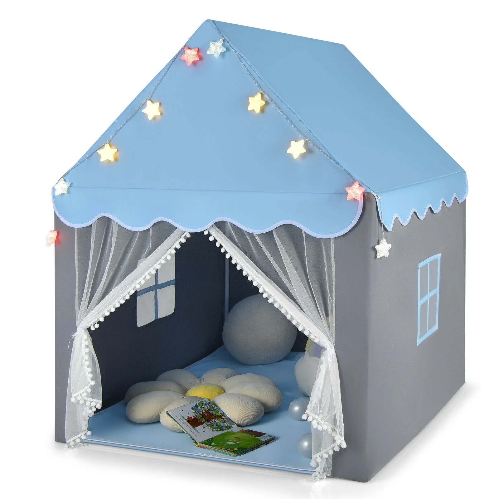 Kids Playhouse Tent With Star Lights, Mat, Blue - Image 5