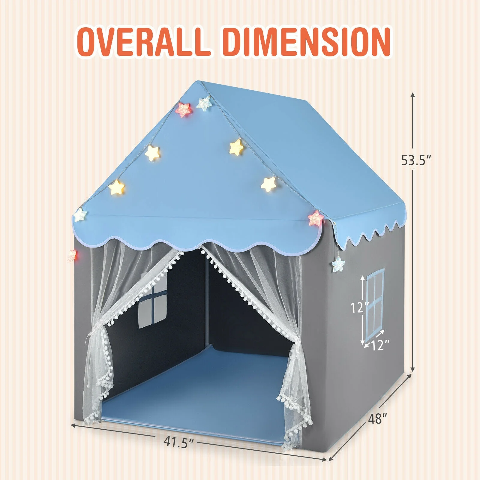 Kids Playhouse Tent With Star Lights, Mat, Blue - Image 6