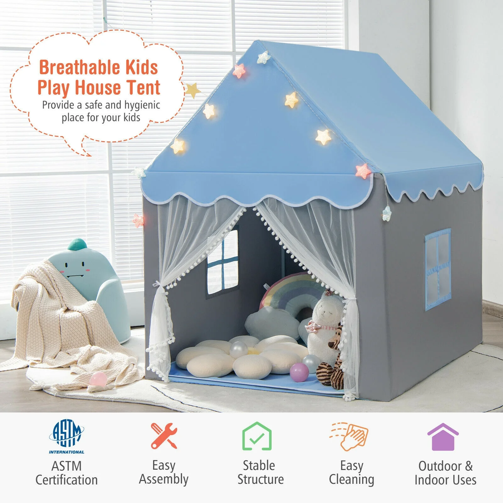Kids Playhouse Tent With Star Lights, Mat, Blue - Image 7
