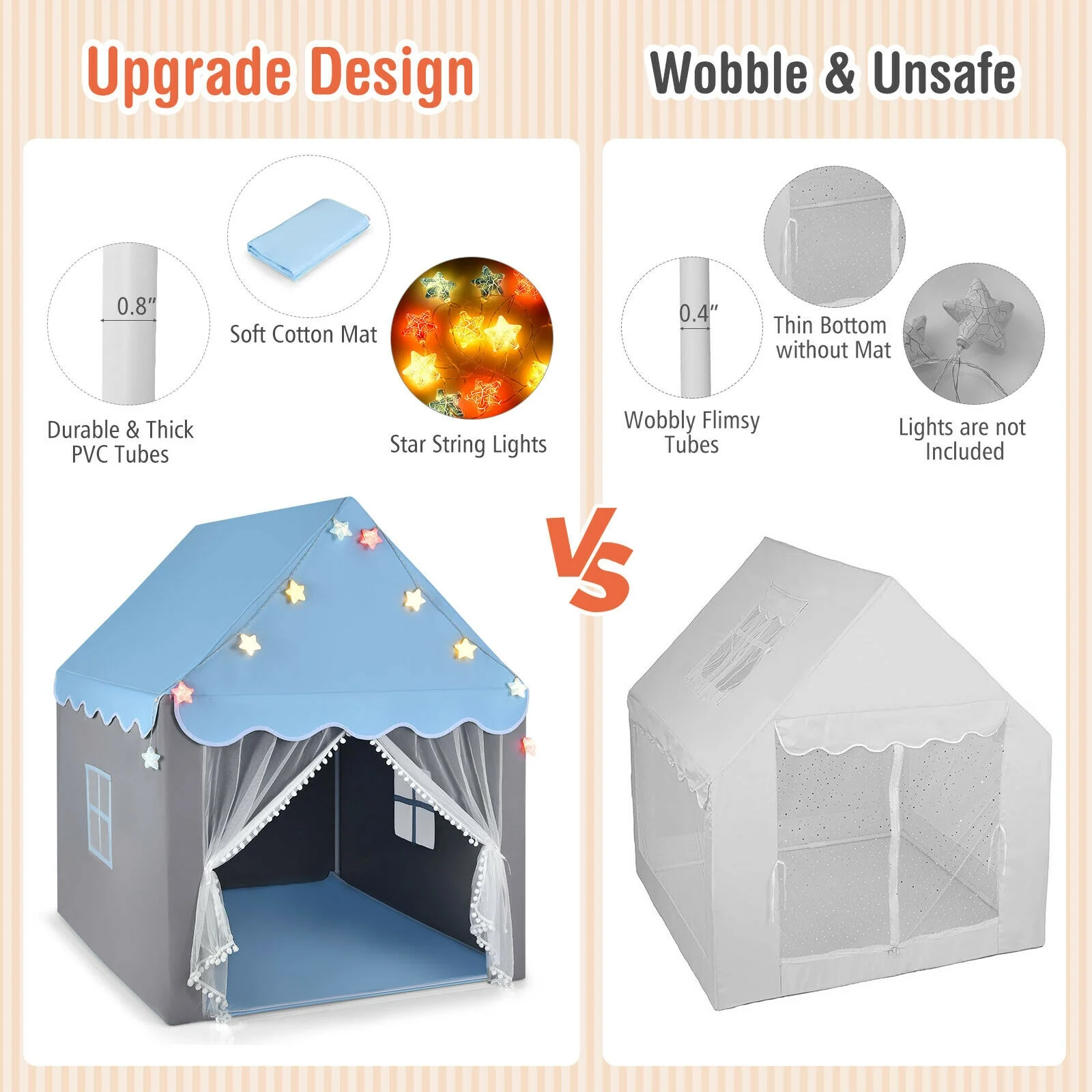 Kids Playhouse Tent With Star Lights, Mat, Blue - Image 8