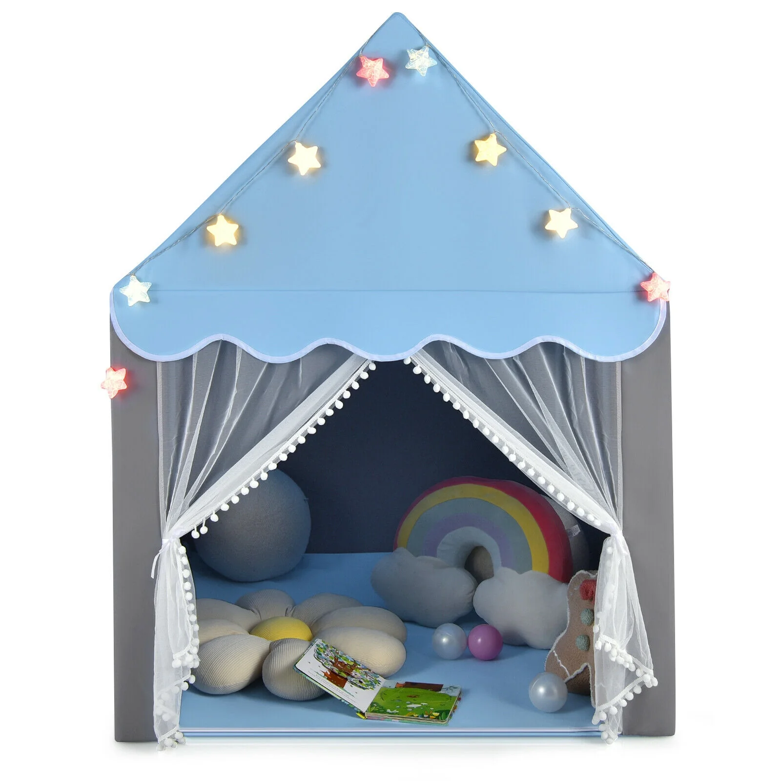 Kids Playhouse Tent With Star Lights, Mat, Blue - Image 9