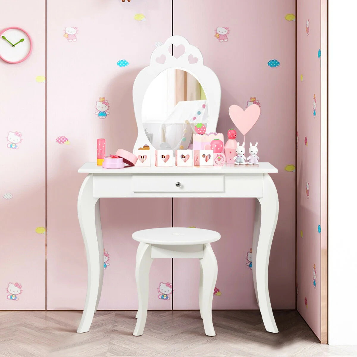 Kids Princess Makeup Dressing Play Table Set, White - Image 2