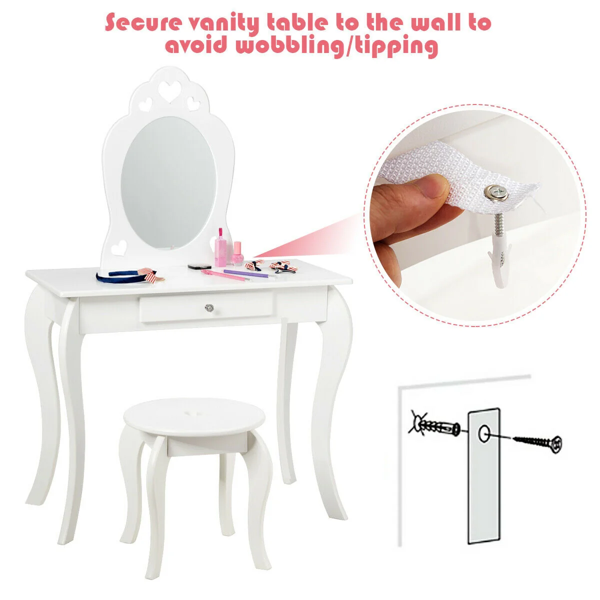 Kids Princess Makeup Dressing Play Table Set, White - Image 3