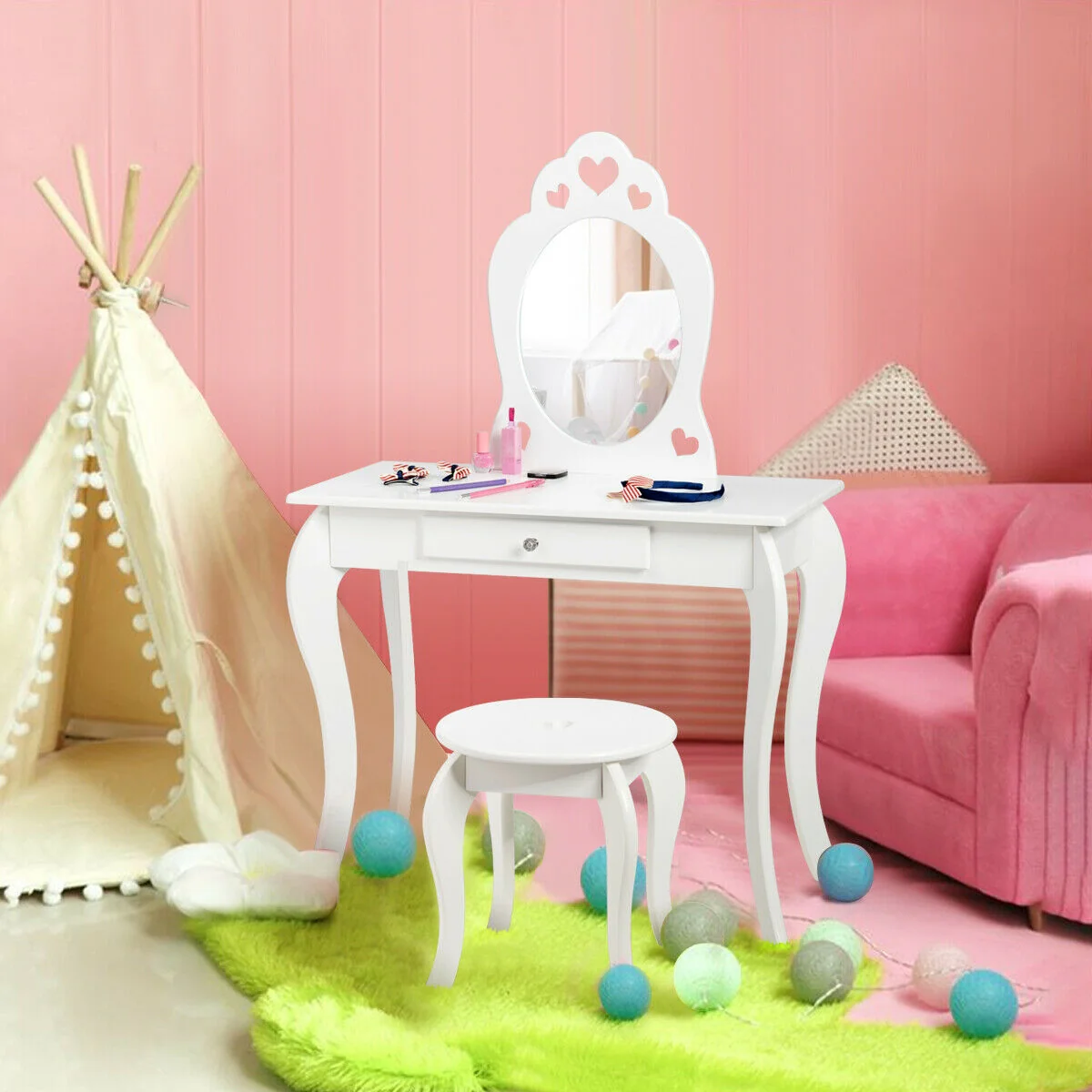 Kids Princess Makeup Dressing Play Table Set, White - Image 7