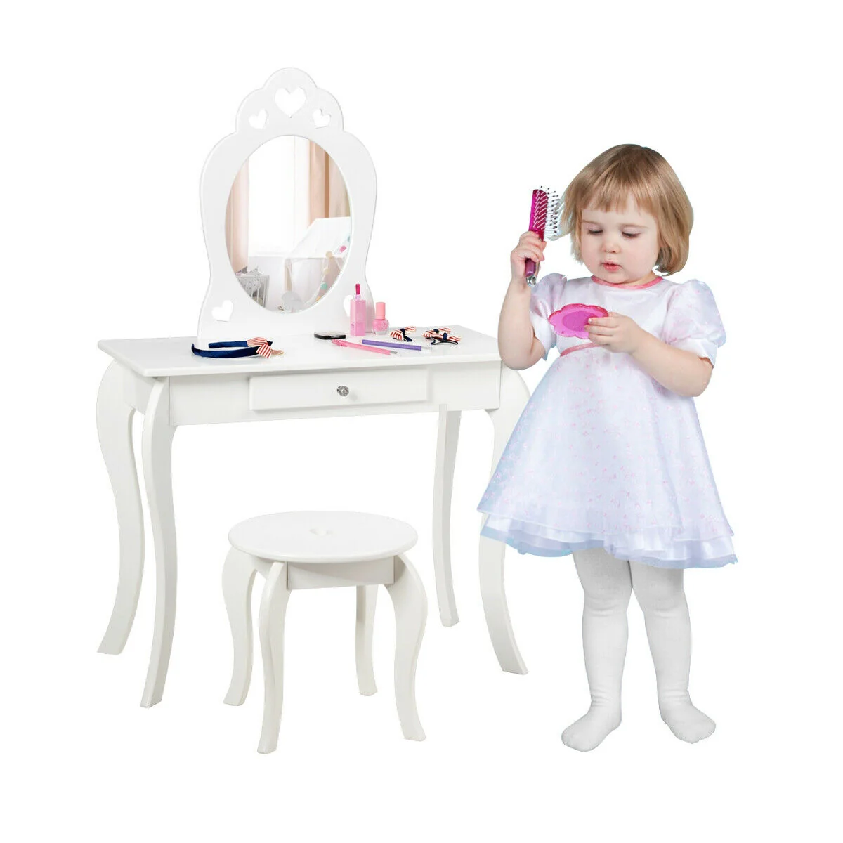 Kids Princess Makeup Dressing Play Table Set, White - Image 9