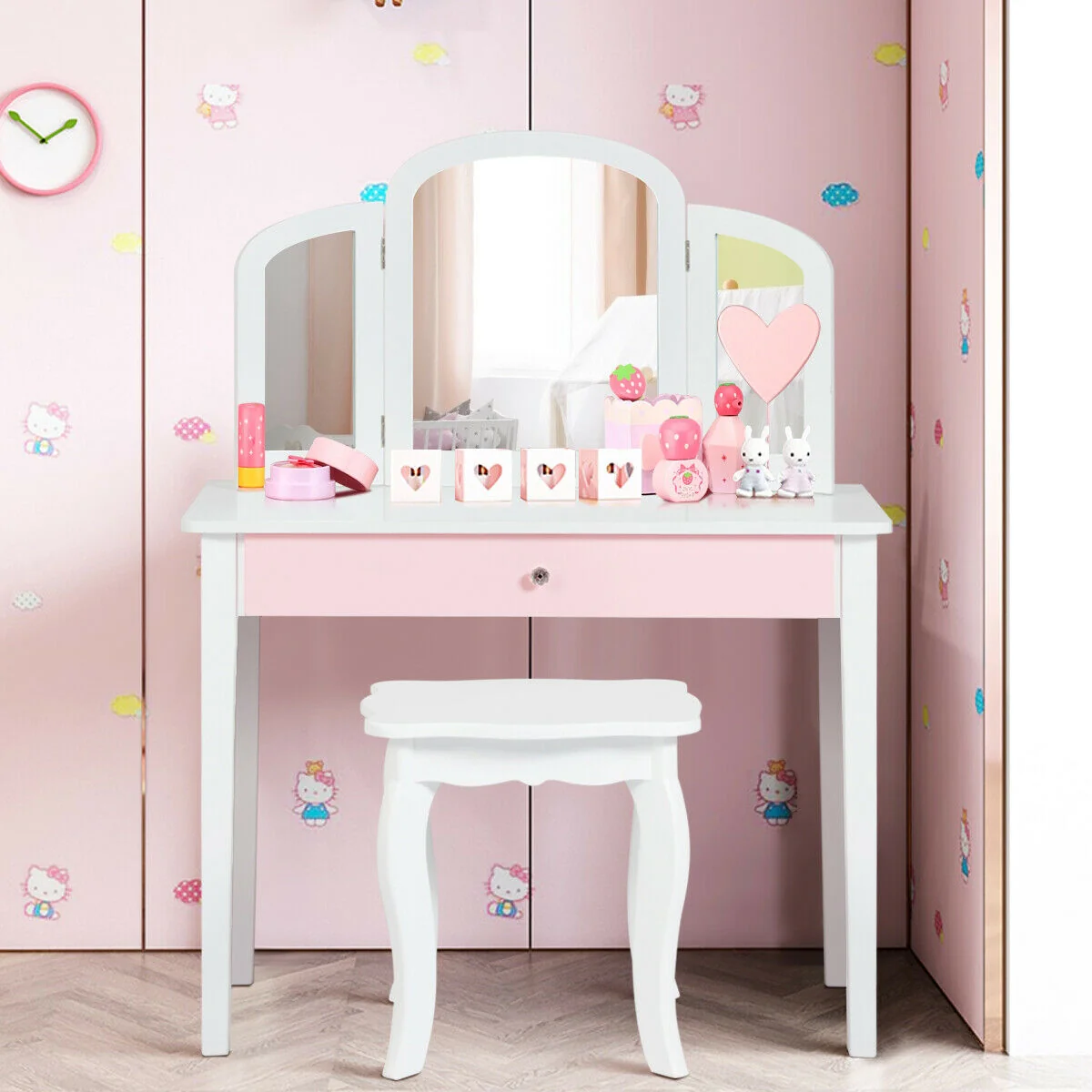 Kids Princess Makeup Dressing Table, Tri-Folding Mirror, Chair, White - Image 2