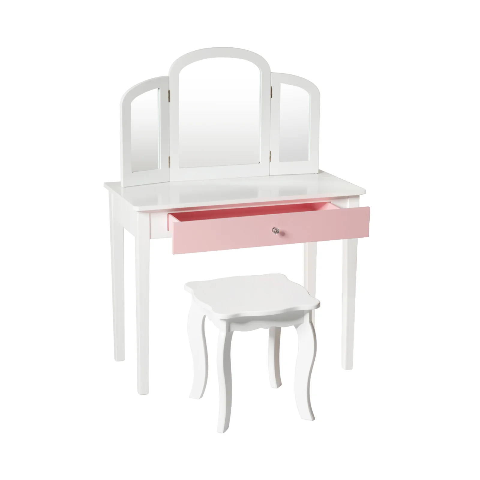 Kids Princess Makeup Dressing Table, Tri-Folding Mirror, Chair, White - Image 4