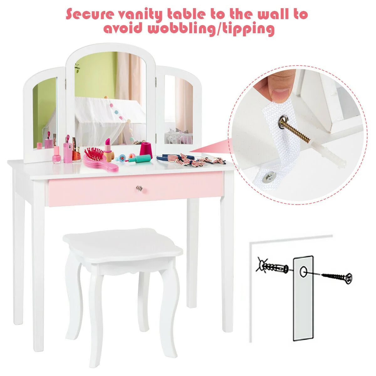 Kids Princess Makeup Dressing Table, Tri-Folding Mirror, Chair, White - Image 8