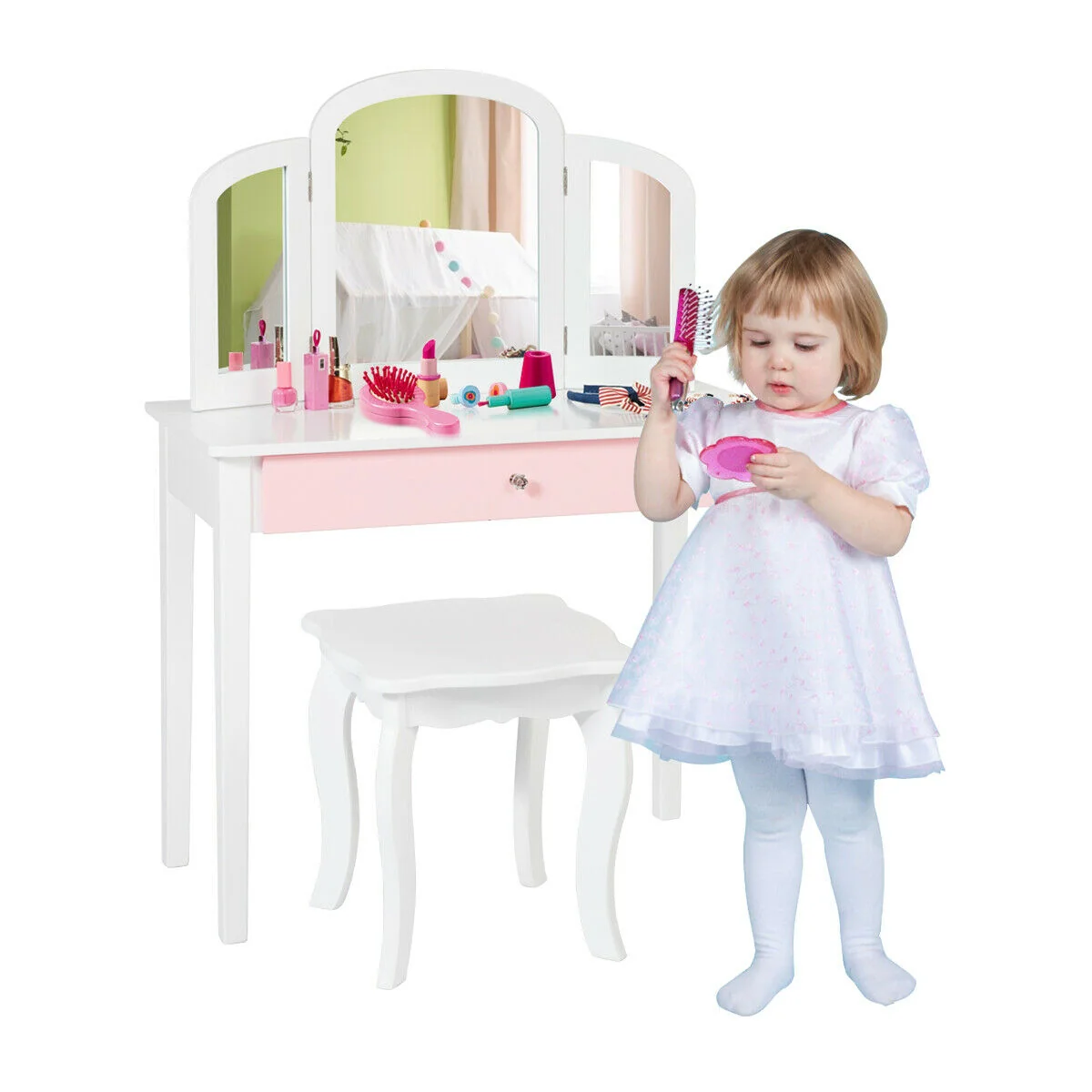Kids Princess Makeup Dressing Table, Tri-Folding Mirror, Chair, White - Image 9