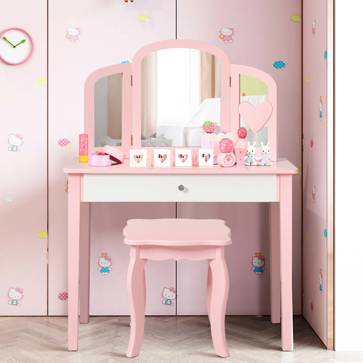 Kids Princess Makeup Dressing Table With Tri-Folding Mirror, Chair, Pink - Image 2
