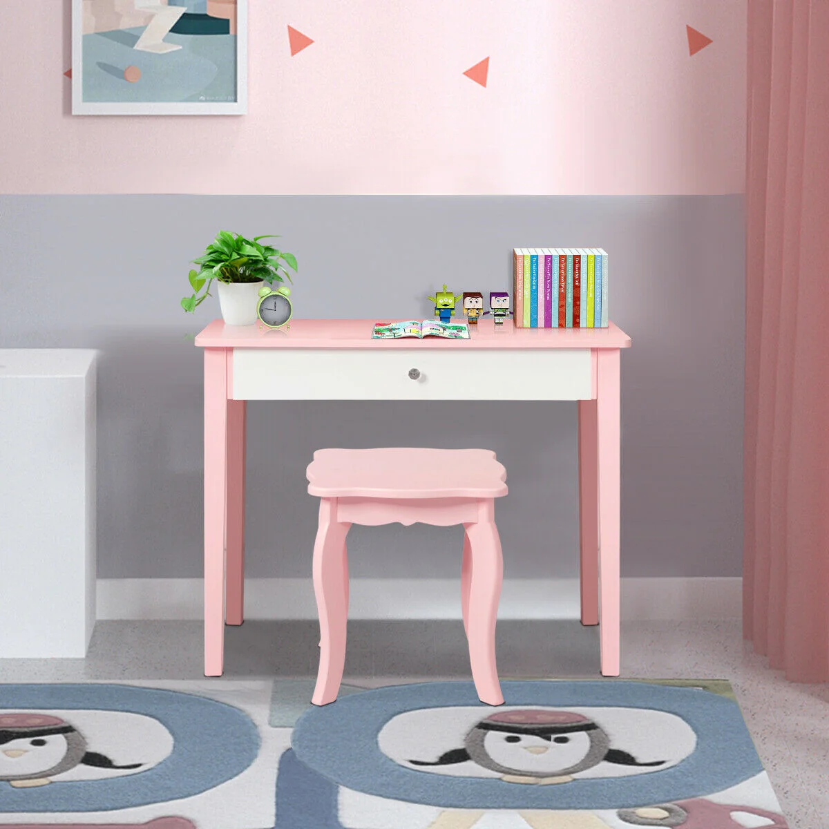 Kids Princess Makeup Dressing Table With Tri-Folding Mirror, Chair, Pink - Image 8