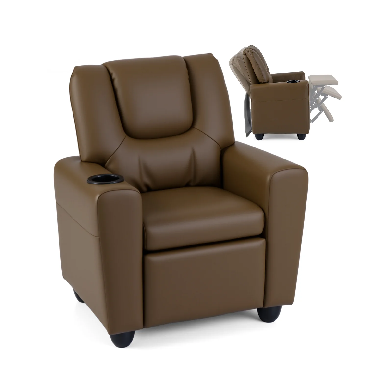 Kids Recliner Chair, Push Back Toddler Armchair With Cup Holder, Brown - Image 10