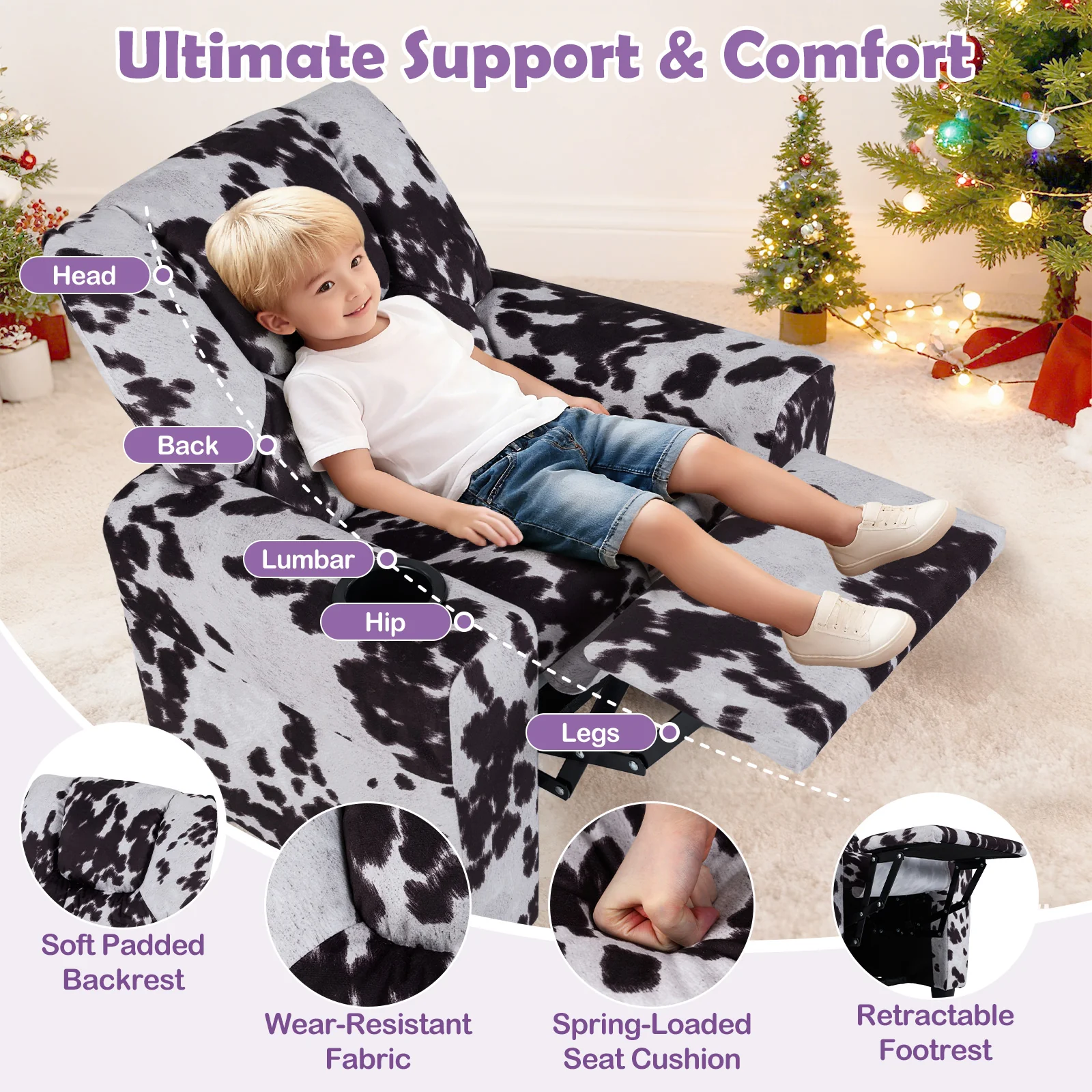 Kids Recliner Chair, Push Back Toddler Armchair With Cup Holder, White, Black - Image 10