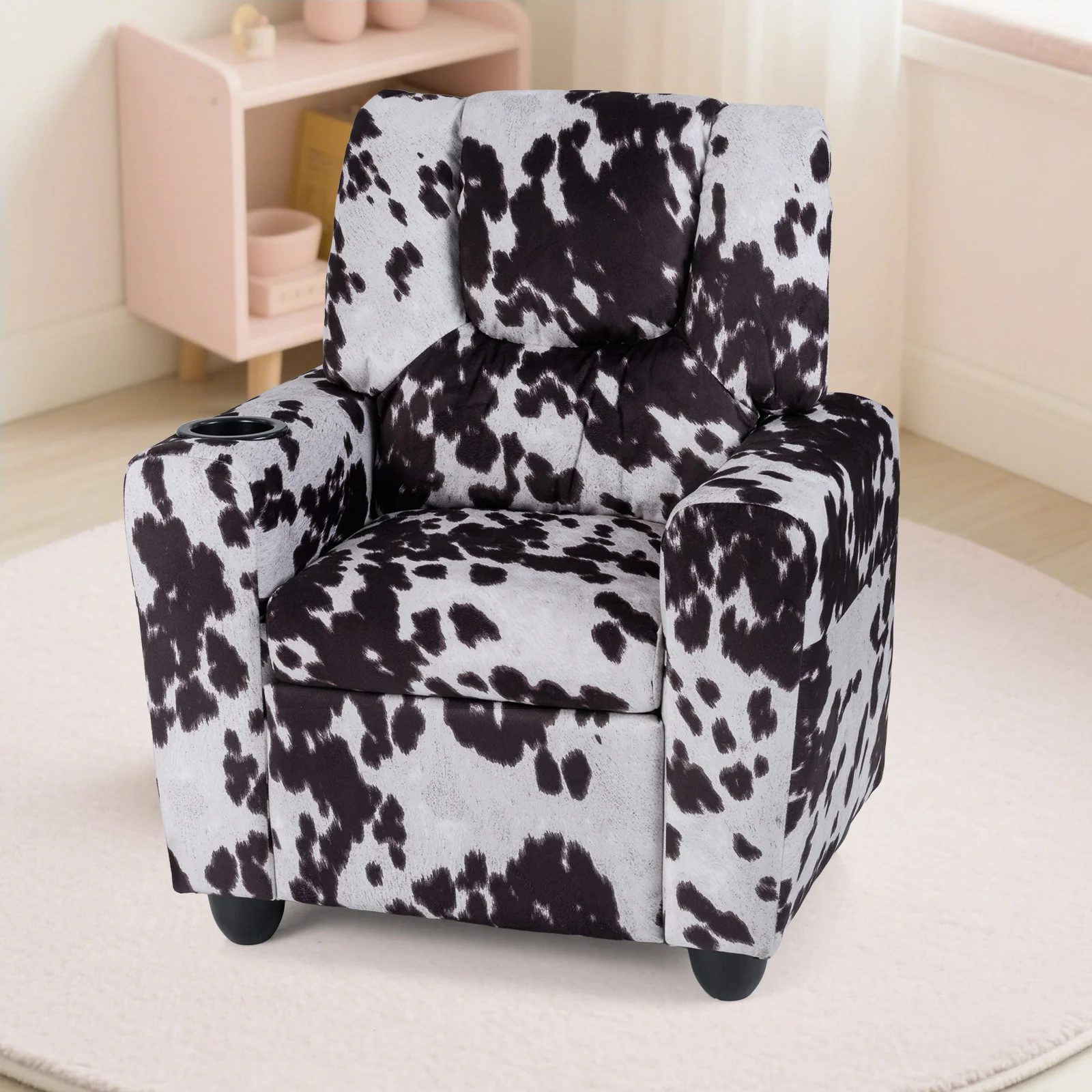 Kids Recliner Chair, Push Back Toddler Armchair With Cup Holder, White, Black - Image 2